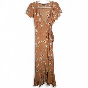Audrey 3+1 Floral Wrap Maxi Dress Peach Boho Ruffle Hem Short Sleeve Small